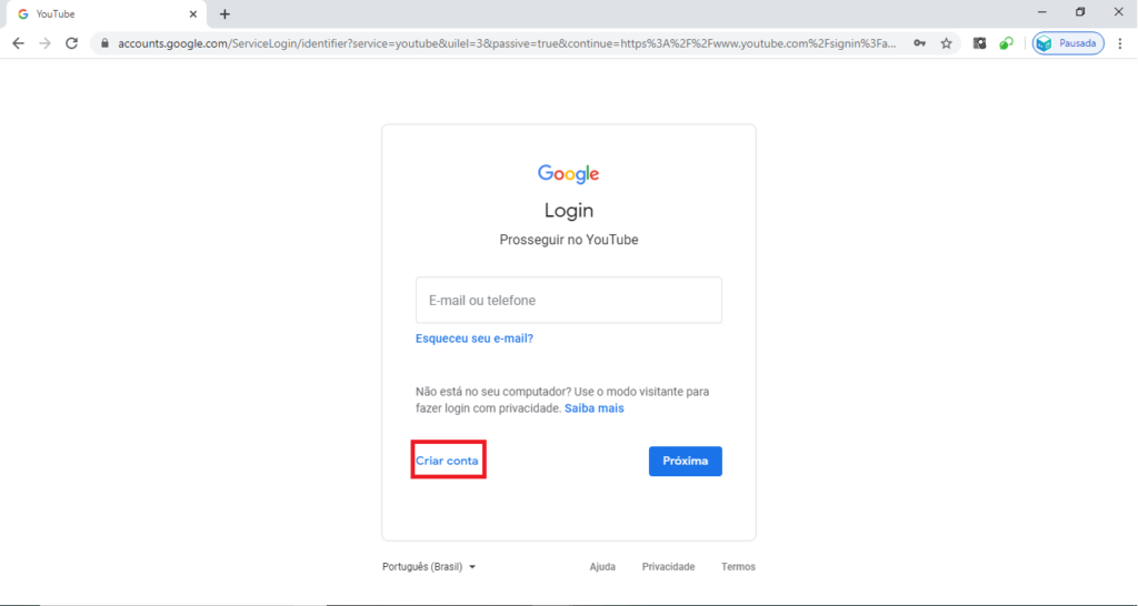 Criar login no youtube